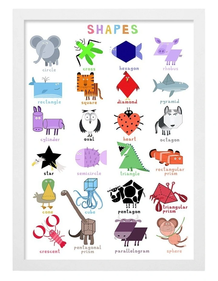 Australian Made Cute Animals Shapes Chart Kids Art Print White Frame image 1