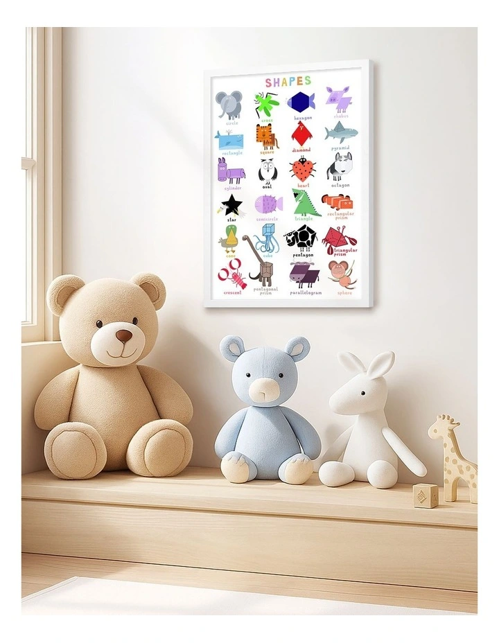 Australian Made Cute Animals Shapes Chart Kids Art Print White Frame image 2