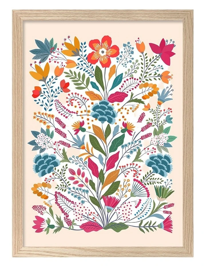 Australian Made Folk Art Flower Garden Art Print Natural Frame image 1