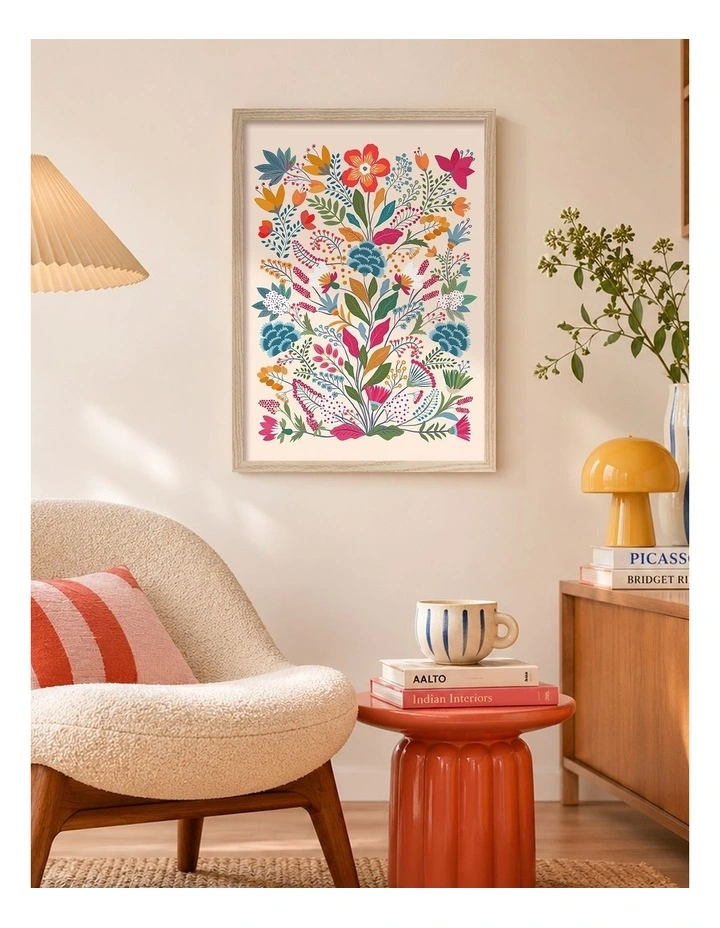 Australian Made Folk Art Flower Garden Art Print Natural Frame image 2
