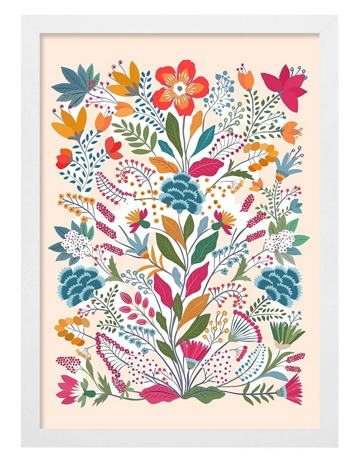 Australian Made Folk Art Flower Garden Art Print White Frame image 1