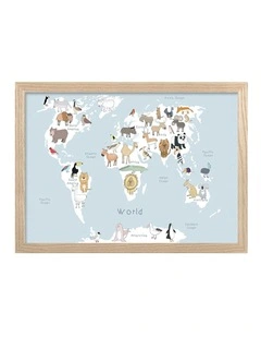 Australian Made Global Animal Map Art Print Natural Frame