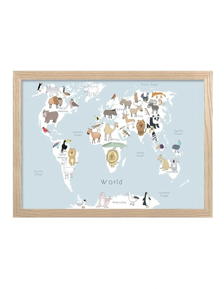 Australian Made Global Animal Map Art Print Natural Frame image 1