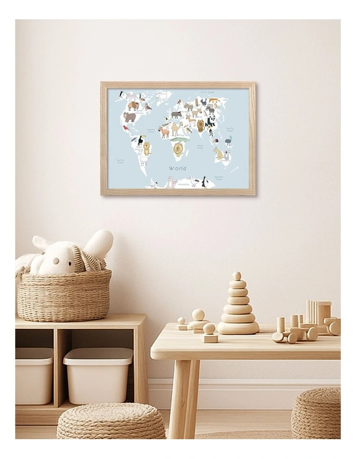Australian Made Global Animal Map Art Print Natural Frame image 2