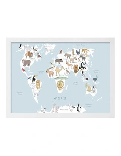 Australian Made Global Animal Map Art Print White Frame