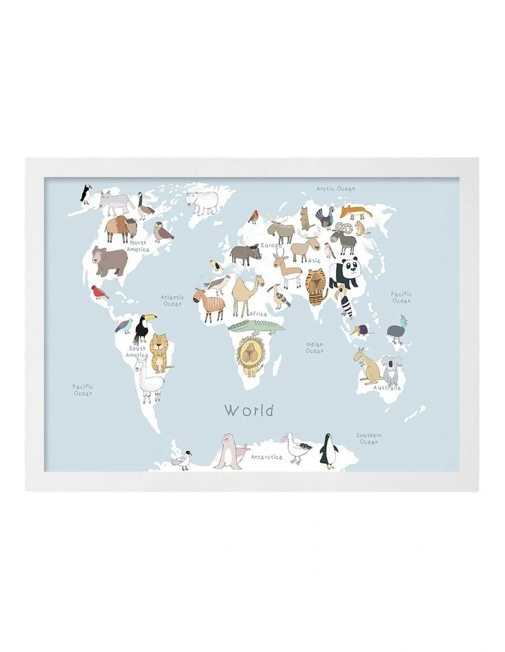 Australian Made Global Animal Map Art Print White Frame image 1