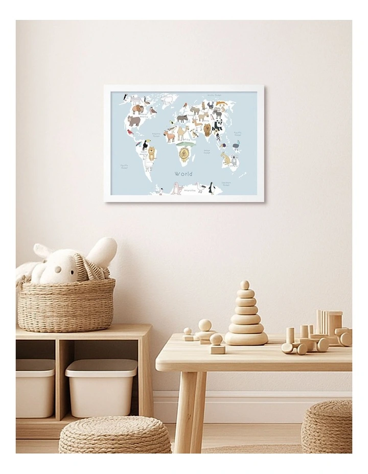 Australian Made Global Animal Map Art Print White Frame image 2