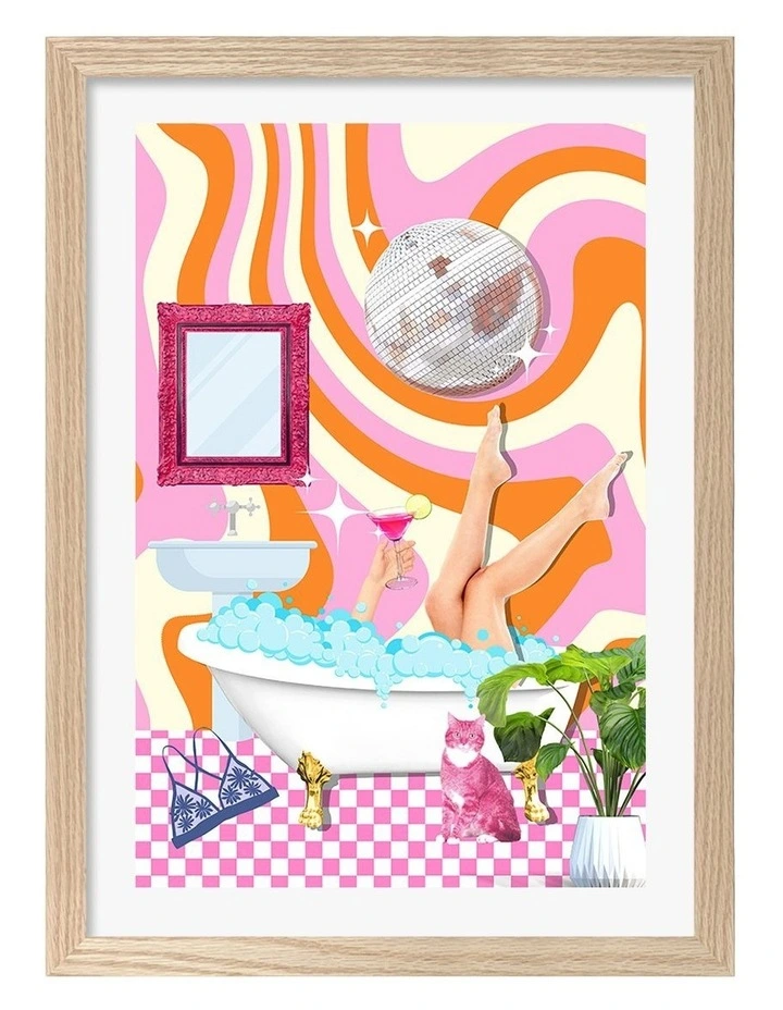 Australian Made Groovy Bathtub Bliss Art Print Natural Frame image 1