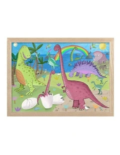 Australian Made Happy Prehistoric Dinosaurs Art Print Natural Frame