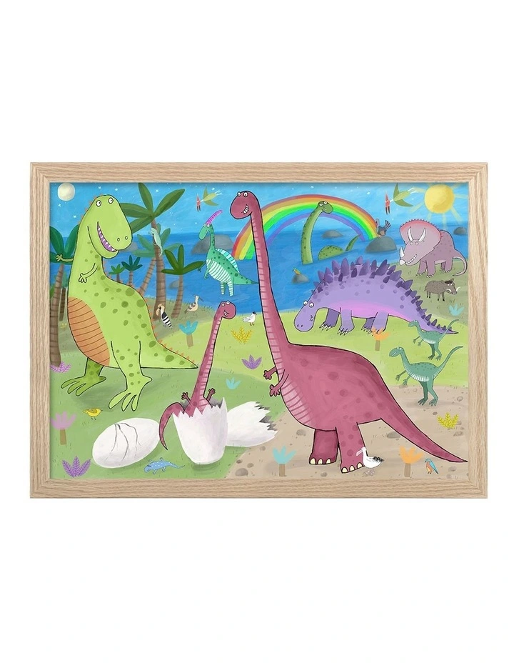 Australian Made Happy Prehistoric Dinosaurs Art Print Natural Frame image 1
