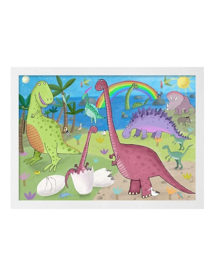 Australian Made Happy Prehistoric Dinosaurs Art Print White Frame image 1