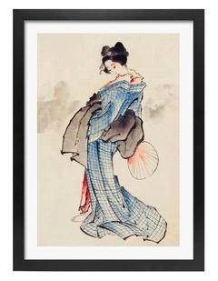 Australian Made Hokusai Woman Wearing Kimono Art Print Black Frame