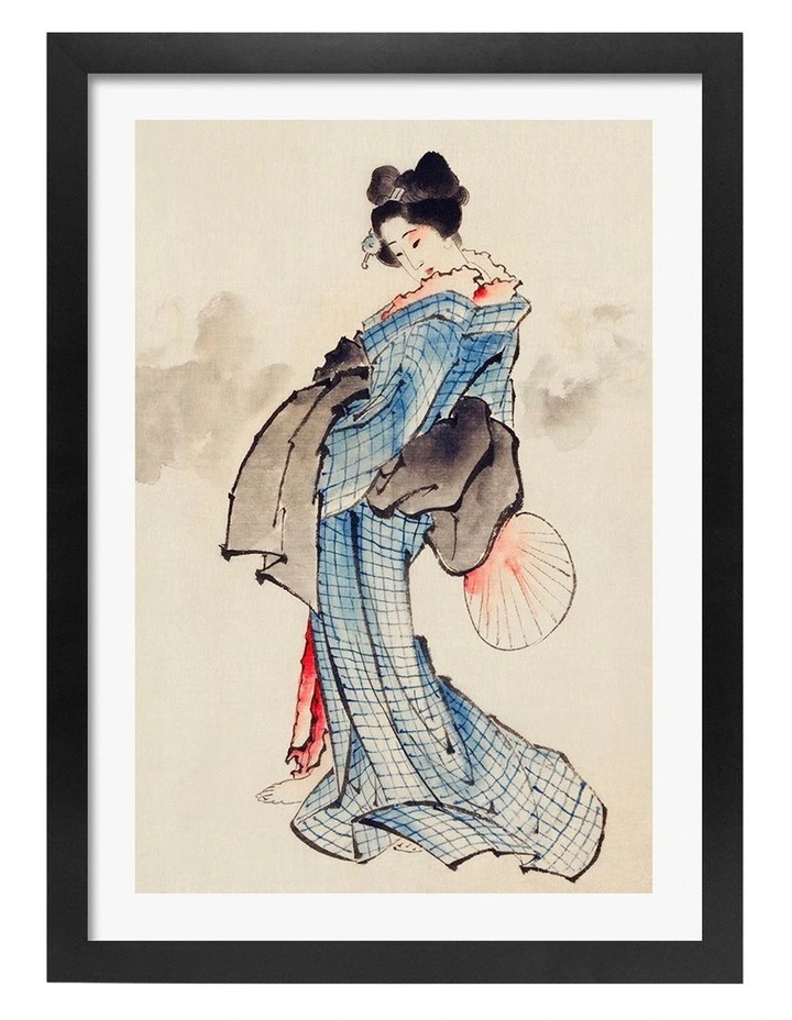 Australian Made Hokusai Woman Wearing Kimono Art Print Black Frame image 1