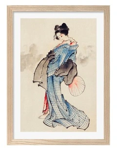 Australian Made Hokusai Woman Wearing Kimono Art Print Natural Frame