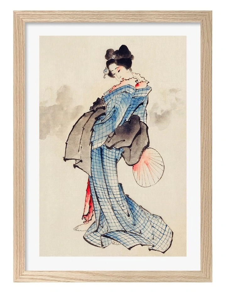 Australian Made Hokusai Woman Wearing Kimono Art Print Natural Frame image 1