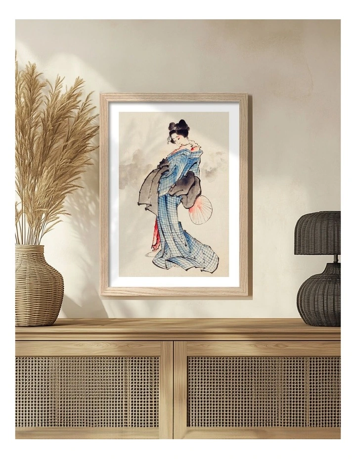 Australian Made Hokusai Woman Wearing Kimono Art Print Natural Frame image 2