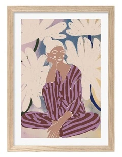 Australian Made Peaceful Woman And Flowers Art Print Natural Frame