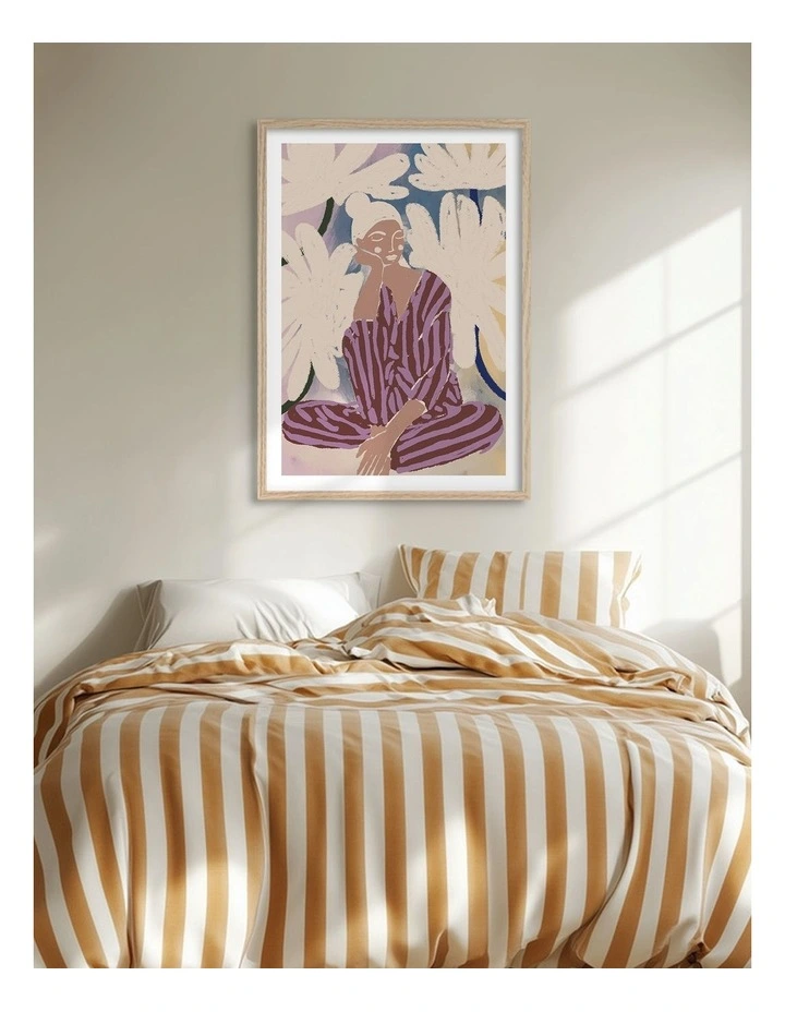 Australian Made Peaceful Woman And Flowers Art Print Natural Frame image 2