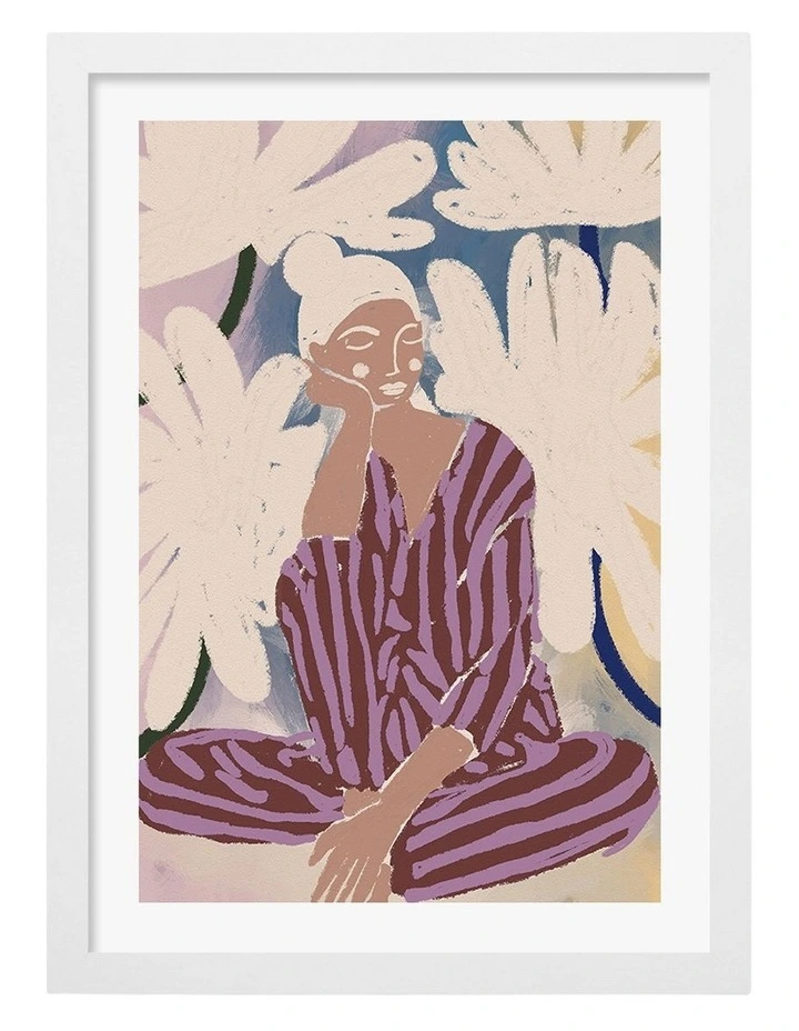 Australian Made Peaceful Woman And Flowers Art Print White Frame image 1