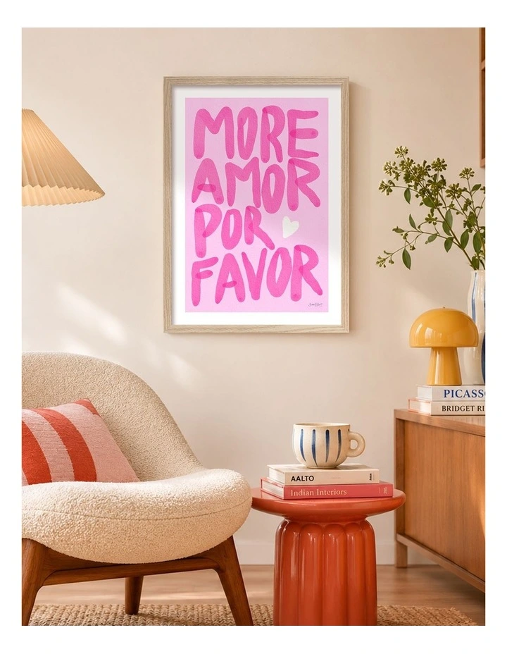 Australian Made Pink More Amor Please Art Print Natural Frame image 2