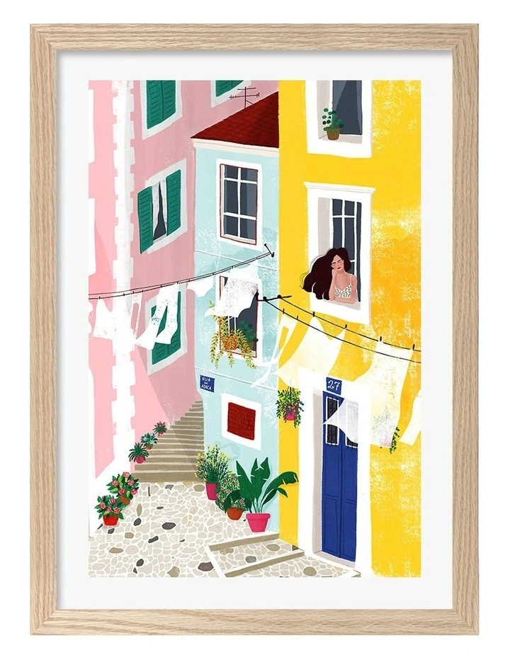 Australian Made Vibrant European Street Art Print Natural Frame image 1