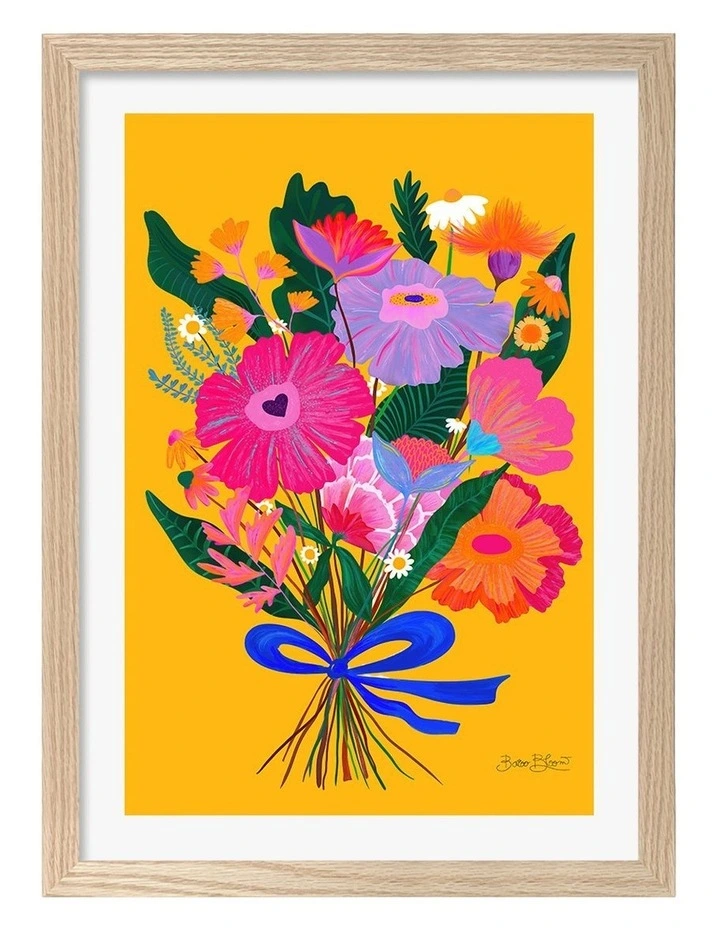 Australian Made Vibrant Floral Bouquet Art Print Natural Frame image 1