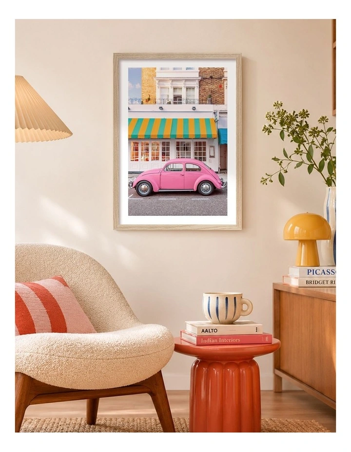 Australian Made Vintage Pink Car Street Art Print Natural Frame image 2