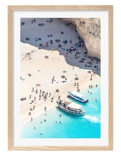 Australian Made Beach Boat Visit Art Print A3 in Natural Frame