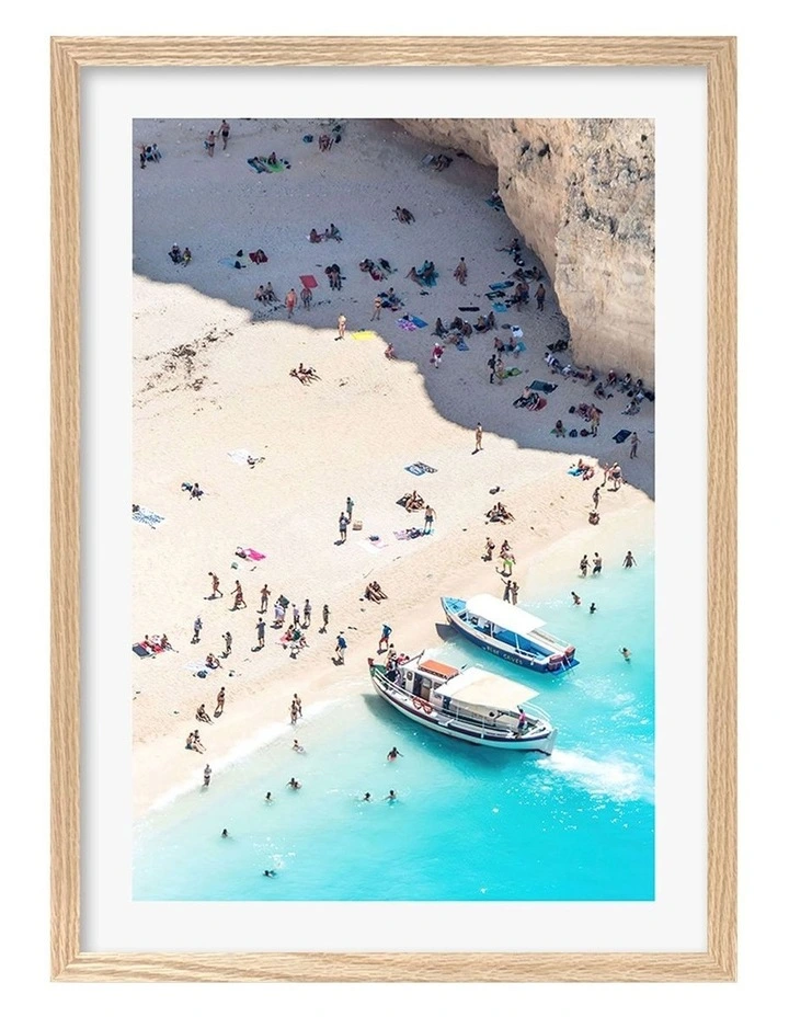 Australian Made Beach Boat Visit Art Print A3 in Natural Frame image 1