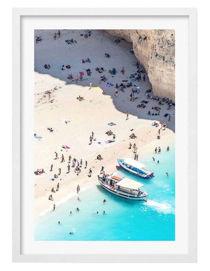 Australian Made Beach Boat Visit Art Print A3 in White Frame image 1