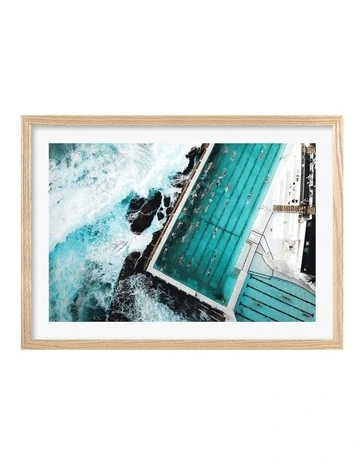 Australian Made Bondi Icebergs Doing Laps Art Print A2 in Natural Frame