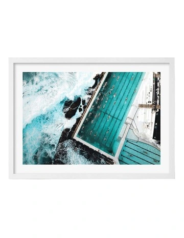 Australian Made Bondi Icebergs Doing Laps Art Print A2 in White Frame