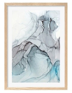 Australian Made Blue Black Abstract Ink 1 Art Print A2 in Natural Frame