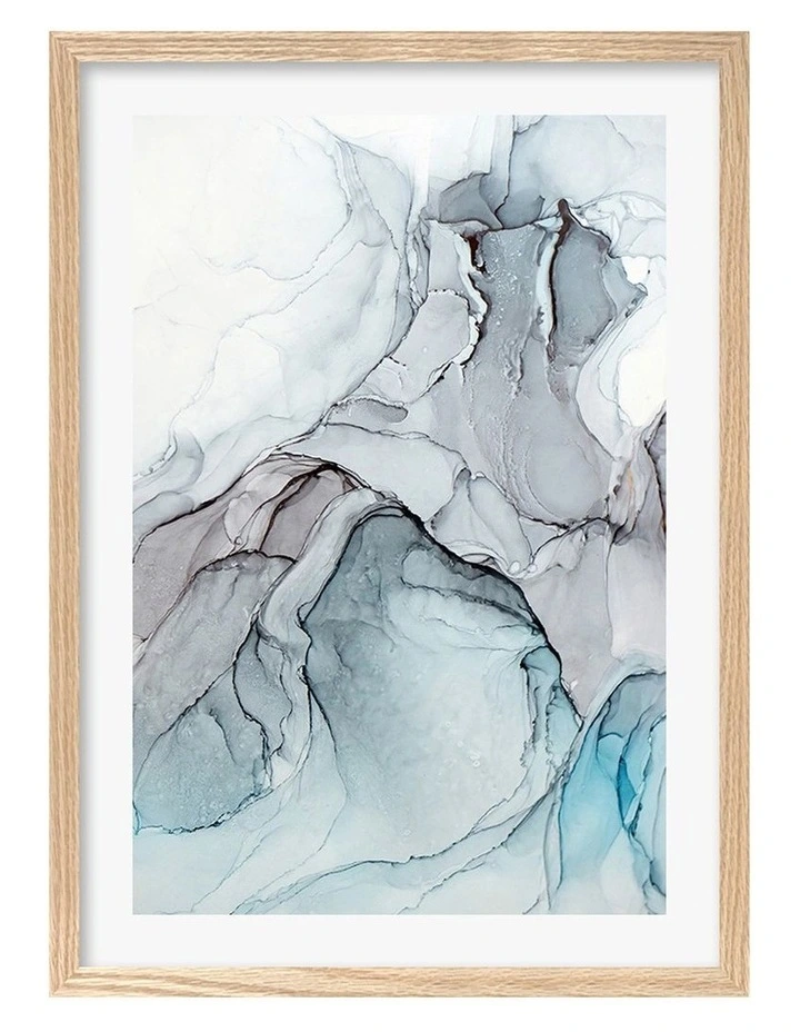 Australian Made Blue Black Abstract Ink 1 Art Print A2 in Natural Frame image 1