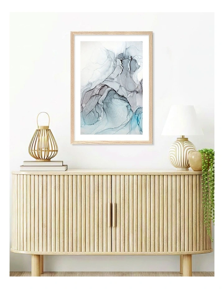 Australian Made Blue Black Abstract Ink 1 Art Print A2 in Natural Frame image 2