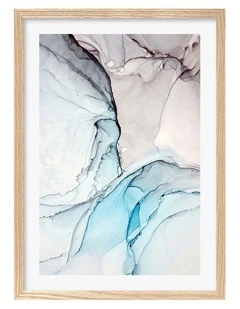 Australian Made Blue Black Abstract Ink 2 Art Print A2 in Natural Frame