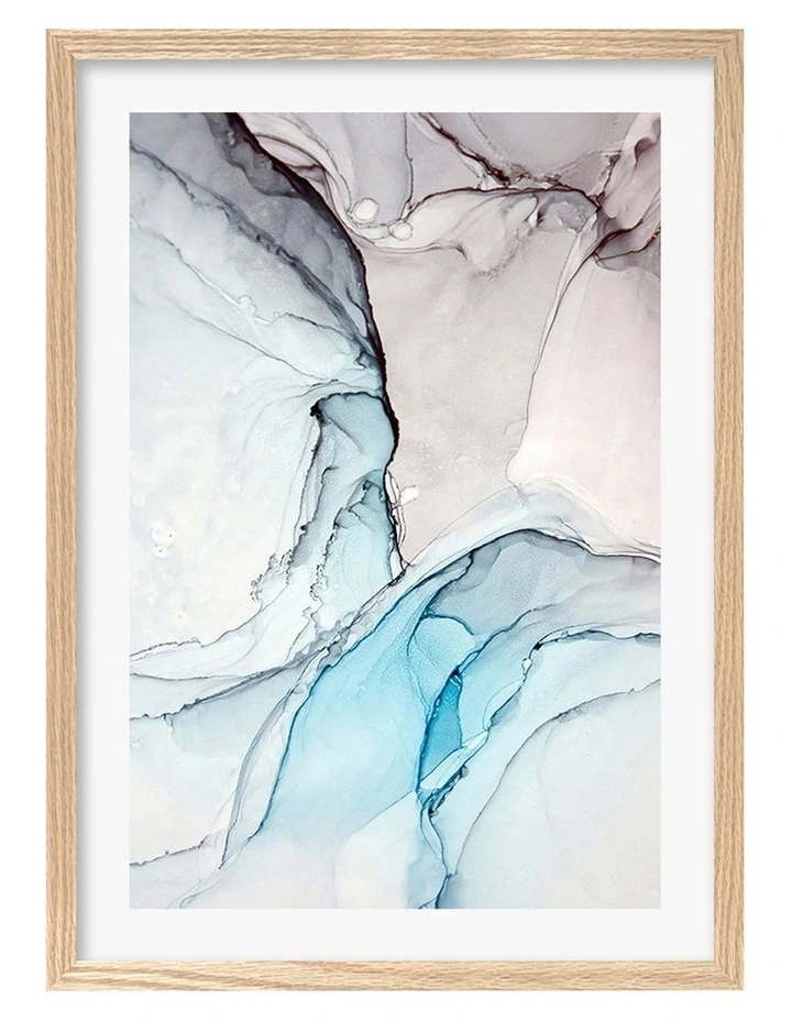 Australian Made Blue Black Abstract Ink 2 Art Print A2 in Natural Frame image 1