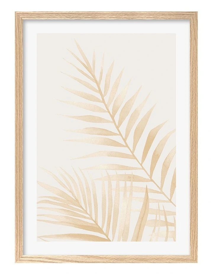 Australian Made Watercolour Palm Leaves Beige Art Print A2 in Natural Frame image 1
