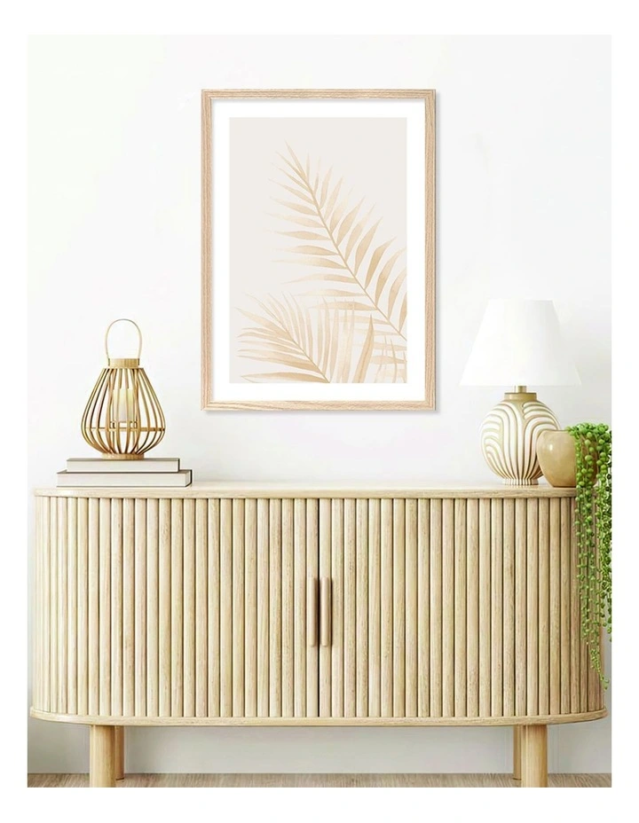 Australian Made Watercolour Palm Leaves Beige Art Print A2 in Natural Frame image 2