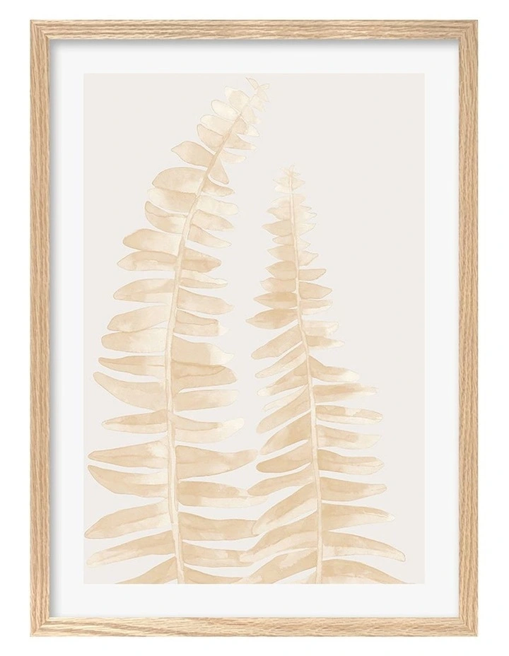 Australian Made Watercolour Fern Leaves Beige Art Print A2 in Natural Frame image 1