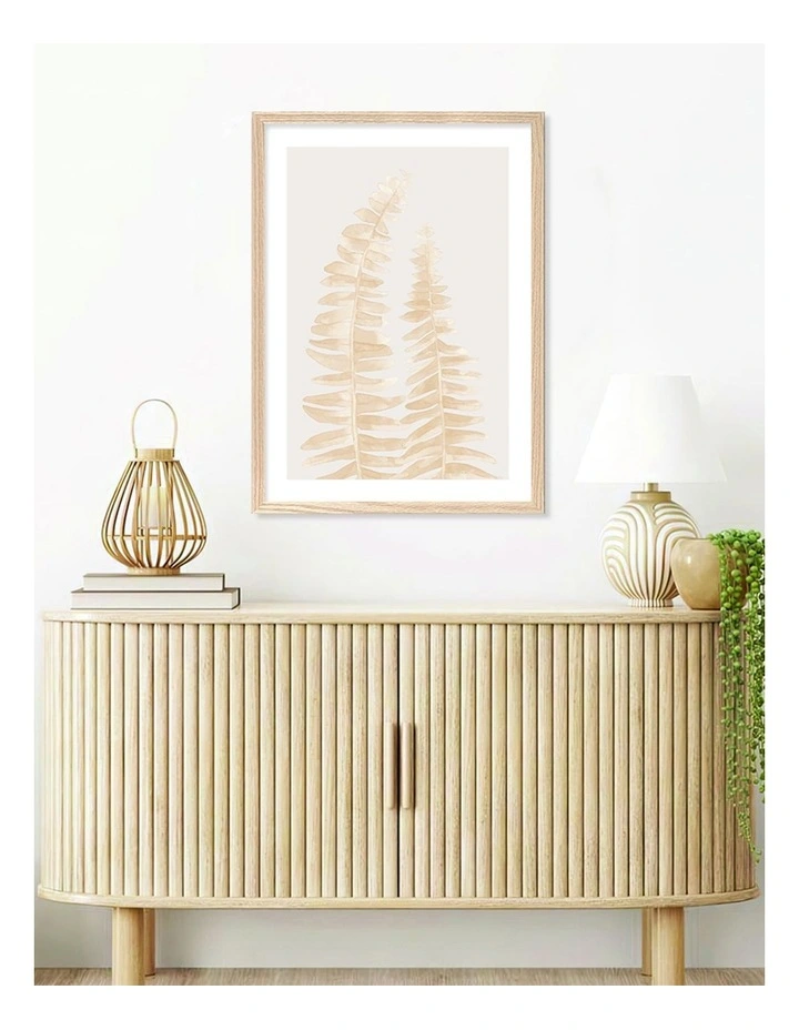 Australian Made Watercolour Fern Leaves Beige Art Print A2 in Natural Frame image 2