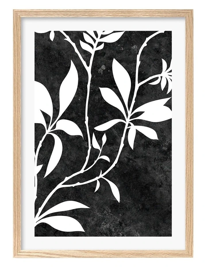 Silhouette Branch Leaves Night Art Print A2 Natural Frame White Border image 1