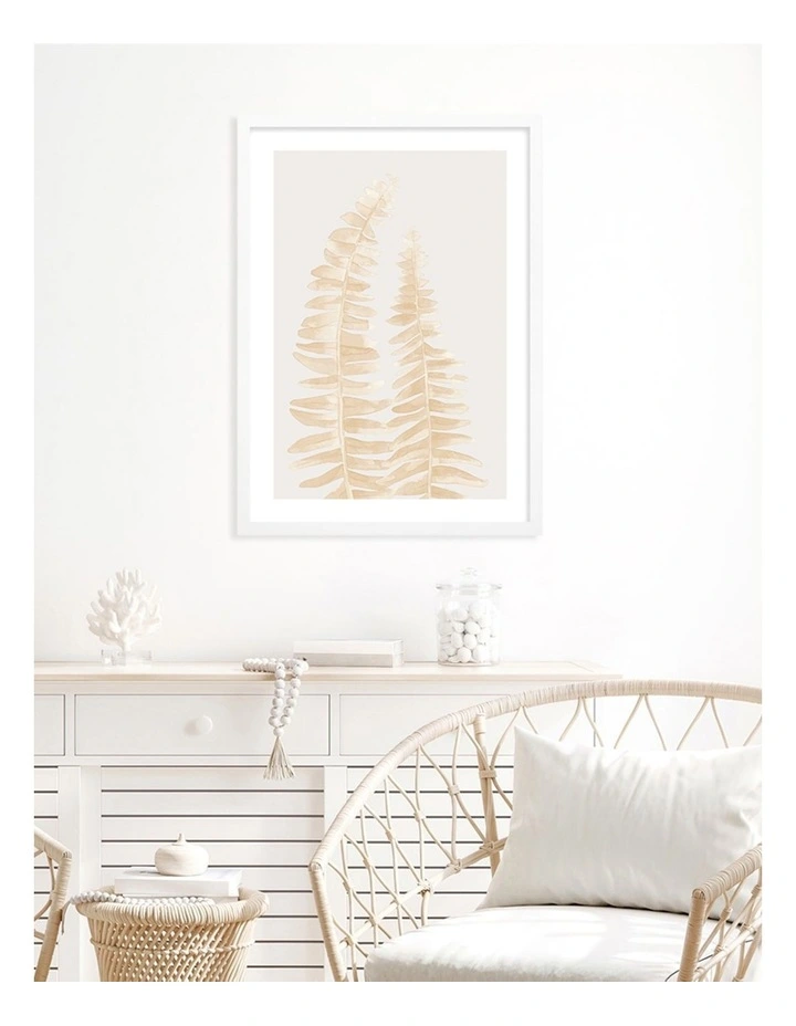 Australian Made Watercolour Fern Leaves Beige Art Print A3 White Frame image 2