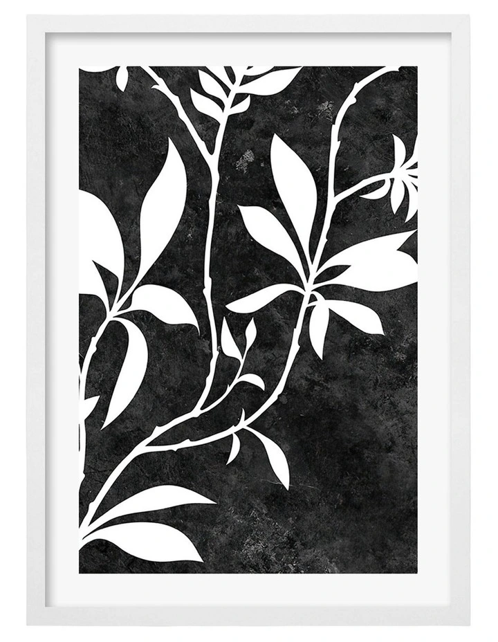 Australian Made Silhouette Branch Leaves Night Art Print A3 in White Frame image 1
