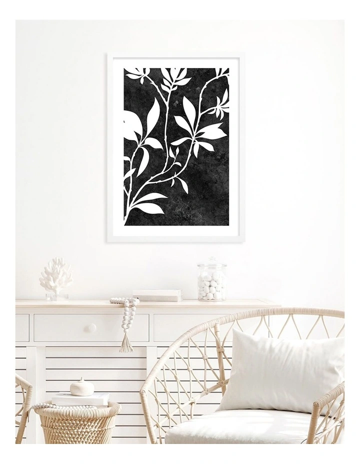 Australian Made Silhouette Branch Leaves Night Art Print A3 in White Frame image 2