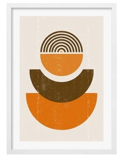 Australian Made Orange Boho Sun Shapes Art Print A3 in White Frame