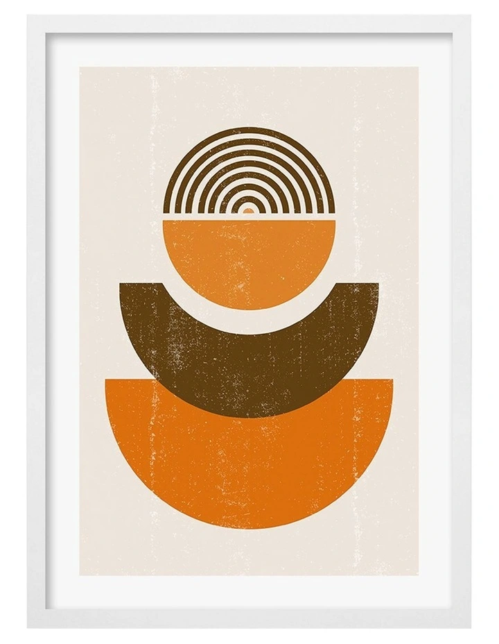 Australian Made Orange Boho Sun Shapes Art Print A3 in White Frame image 1