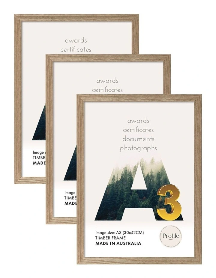 Australian Made Timber Certificate Photo Frame A3 3 Pack in Natural Oak image 1