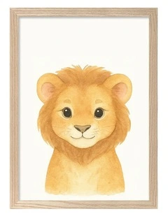 Australian Made Animal Friends Lion Kids Art Print Natural Frame