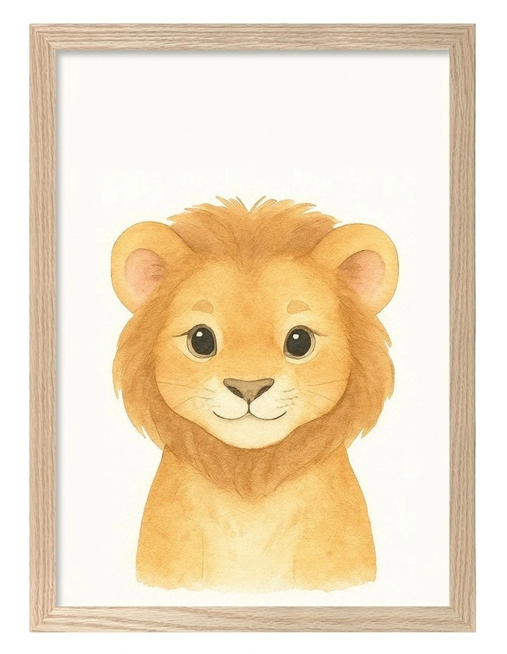 Australian Made Animal Friends Lion Kids Art Print Natural Frame image 1